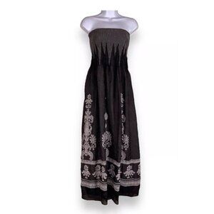 Strapless Black & Gray Maxi Dress Intricate White Floral ‎ OS Whimsy